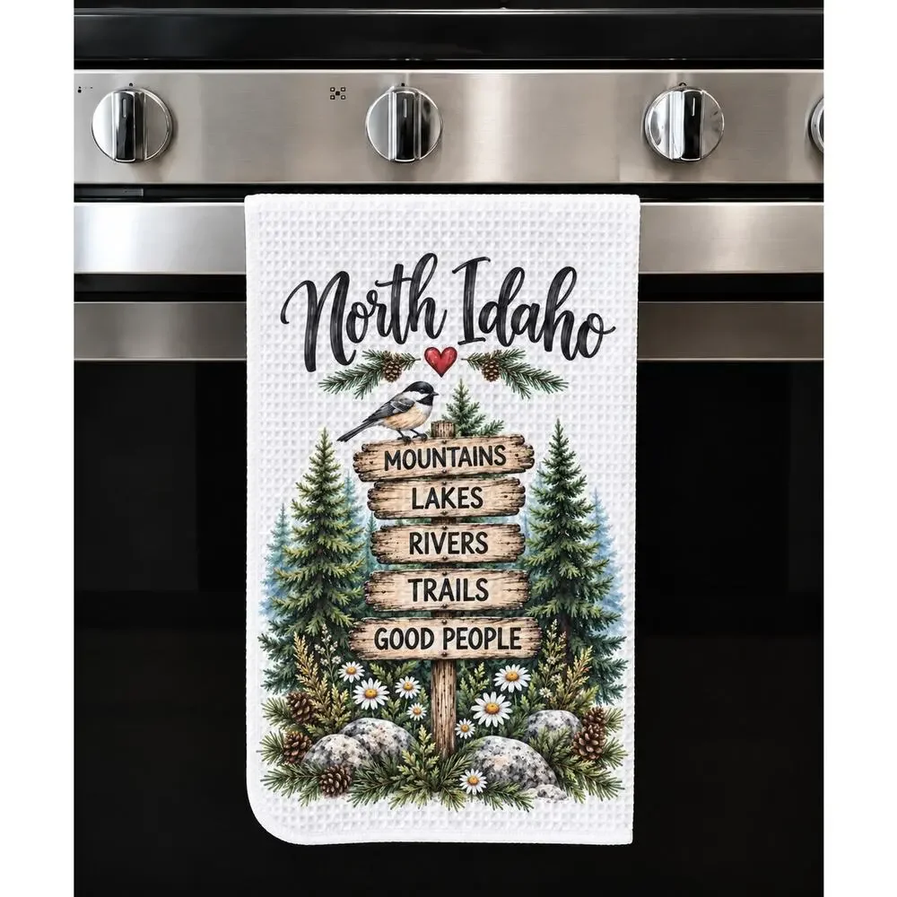North Idaho Mountains Lakes Rivers Trails Kitchen Towel Rustic Cabin Decor
